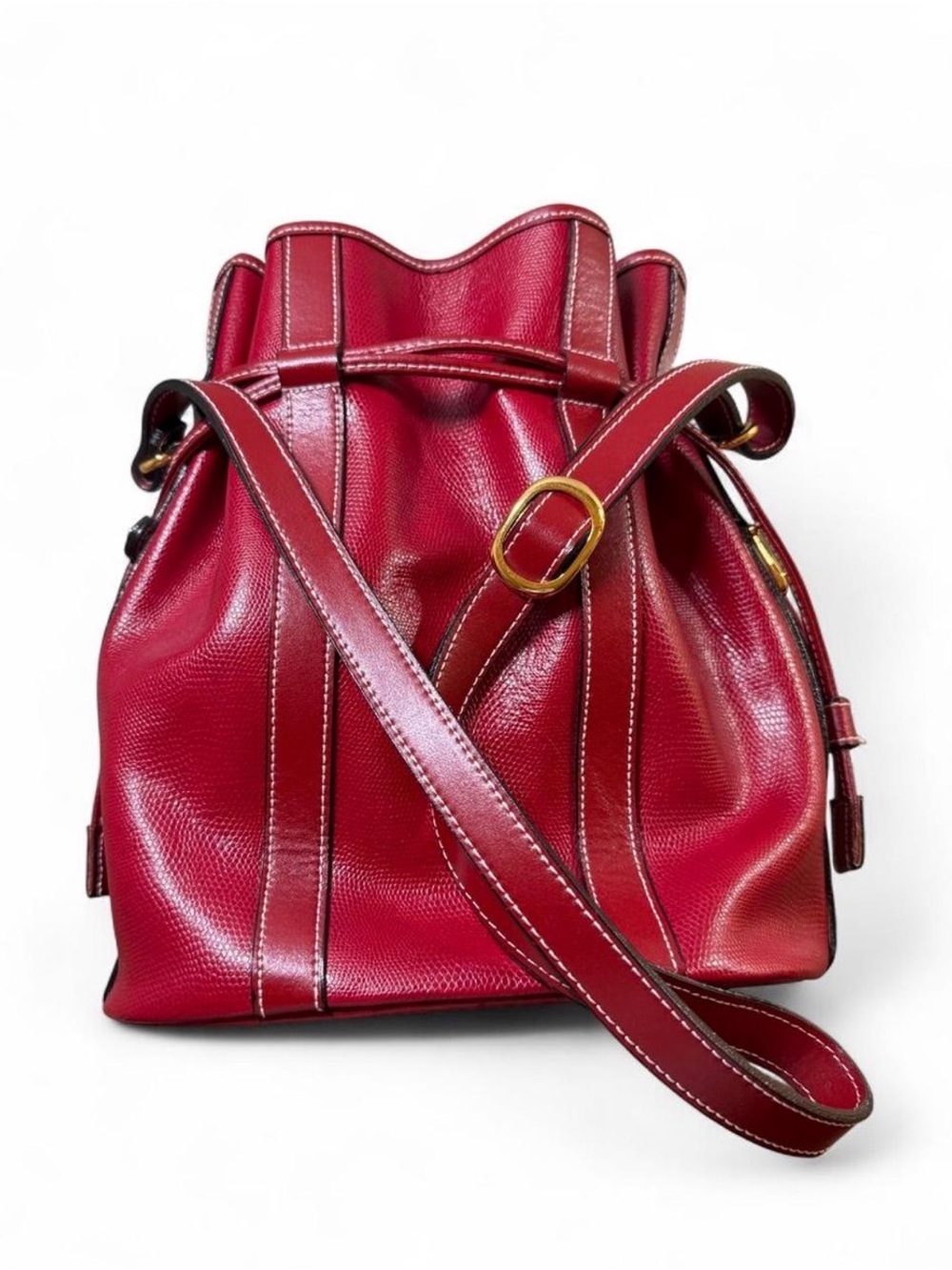 Women's Red Leather Drawstring Shoulder Bag
